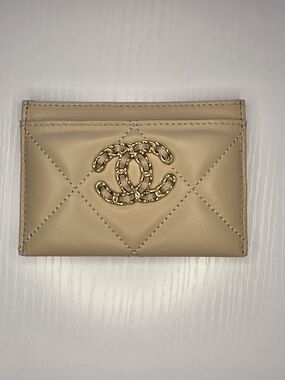 Cha Nel Quilted Card Holder in Beige with Gold Chain CC